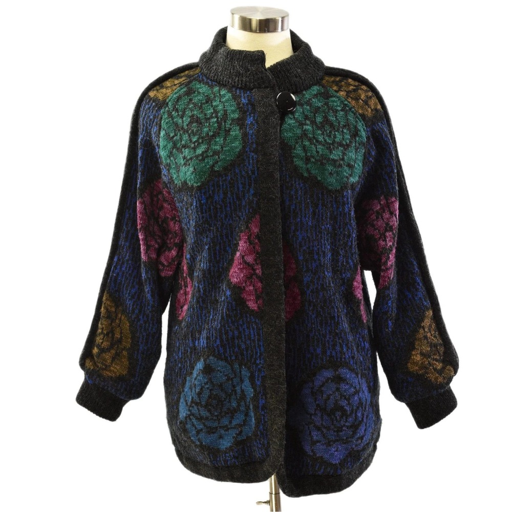 80s Vintage Mohair Statement Sweater Coat Womens M L Boho Oversized Knit Jacket
